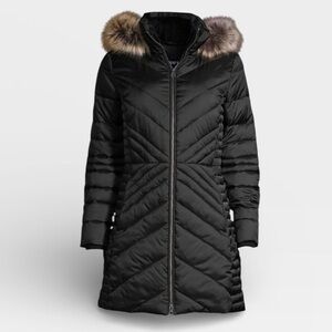 Lands End Puffer Coat Parka Womens XS 2-4 Black Long PrimaLoft Quilted Fur Cozy